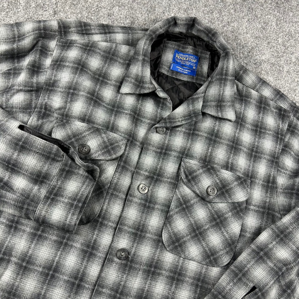 Pendleton Board Shirt Men M Grey Plaid Quilted Lined Wool Flannel Shirt Jacket